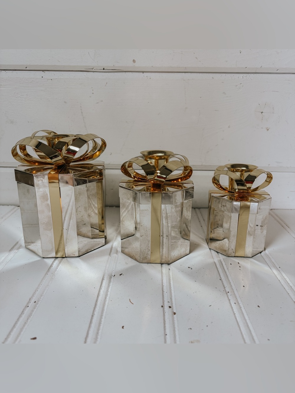 Vintage Godinger Silverplated Two Tone Present Candlestick Holders Set of 3